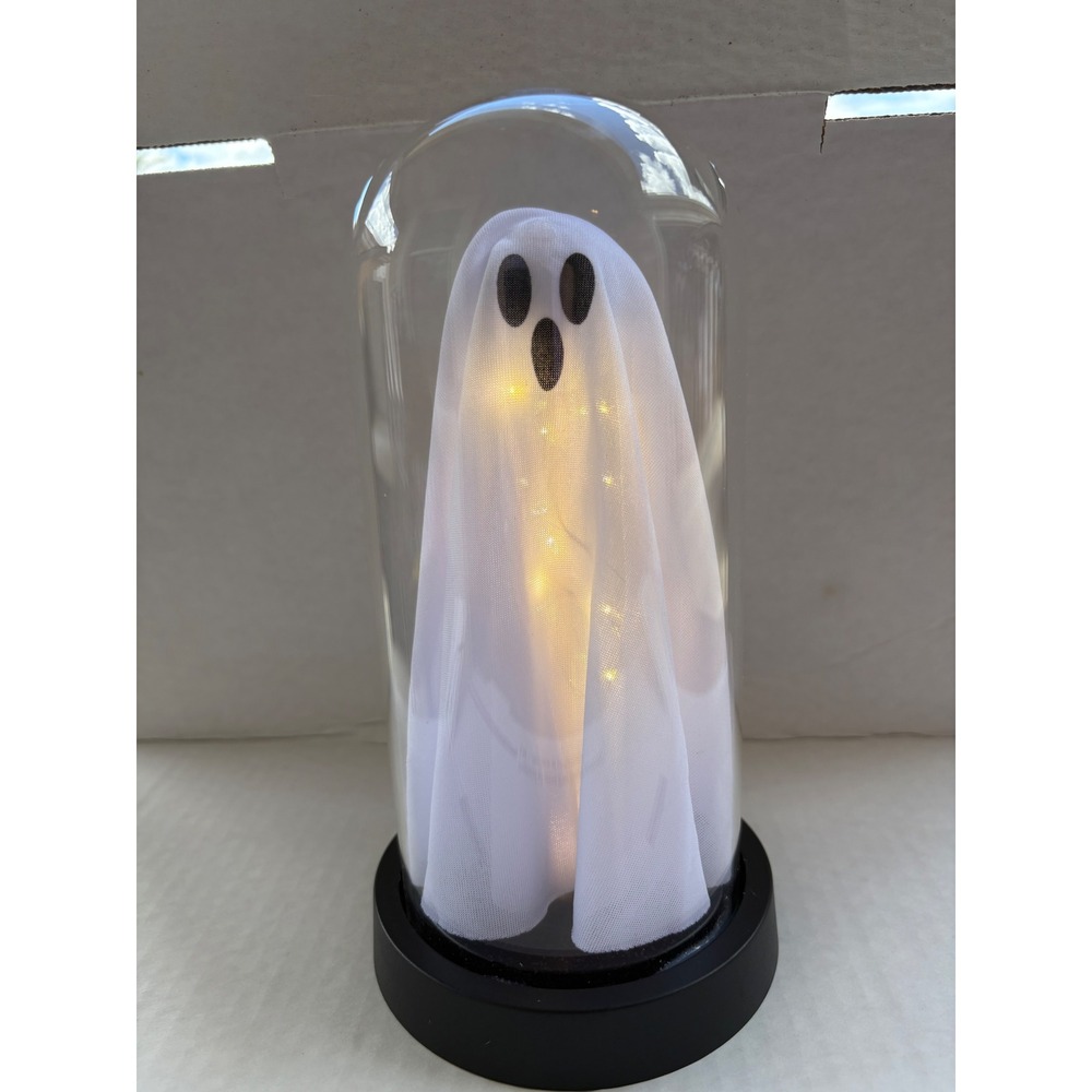 Halloween Ghost Cloche Light LED Glowing Spooky Tabletop Decor White Black Base